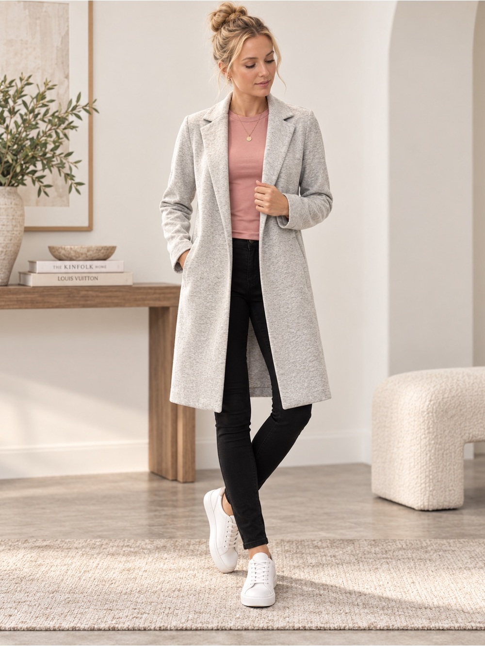 Forever 21 Light Gray Open-Front Long Coat Cotton S